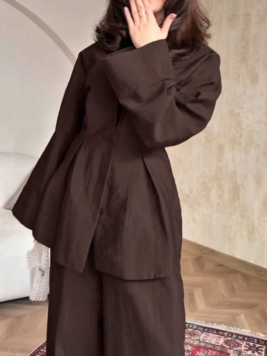 SHEIN BRĄZOWY KOMPLET BLUZKA SPODNIE S09__XS