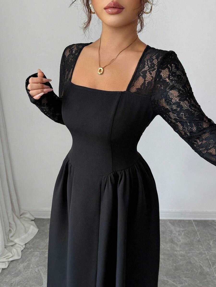 SHEIN CZARNA SUKIENKA MAXI KORONKOWE RĘKAWY S06__S