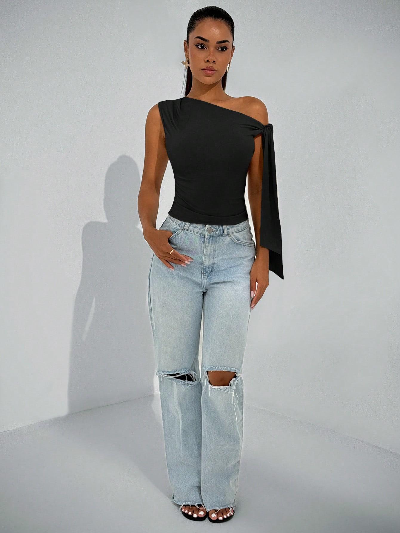 SHEIN CZARNY ASYMETRYCZNY TOP S06__XS