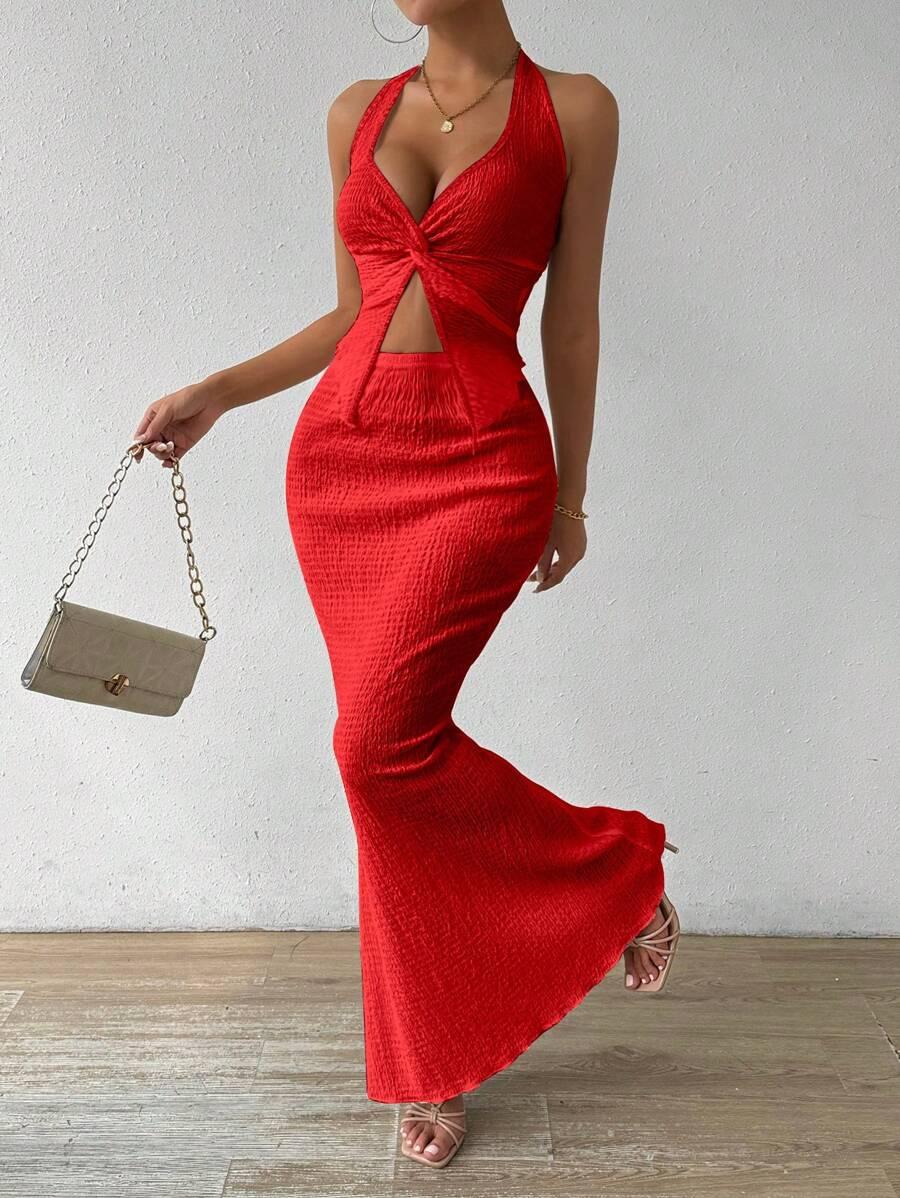 SHEIN CZERWONY KOMPLET TOP MAXI SPÓDNICA TEKSTURA S06__L
