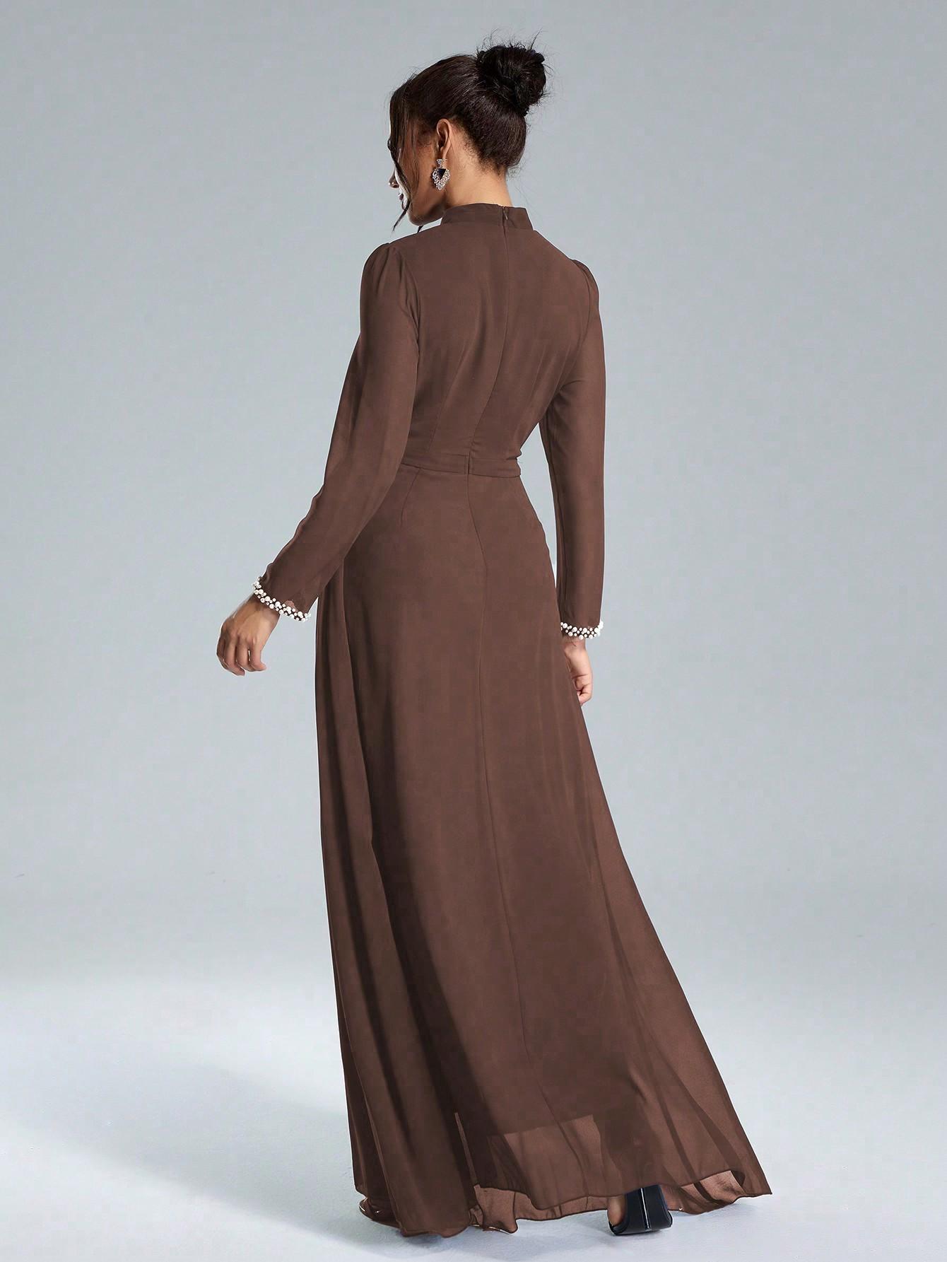 SHEIN BRĄZOWA MAXI SUKIENKA ZDOBIENIE S06__L