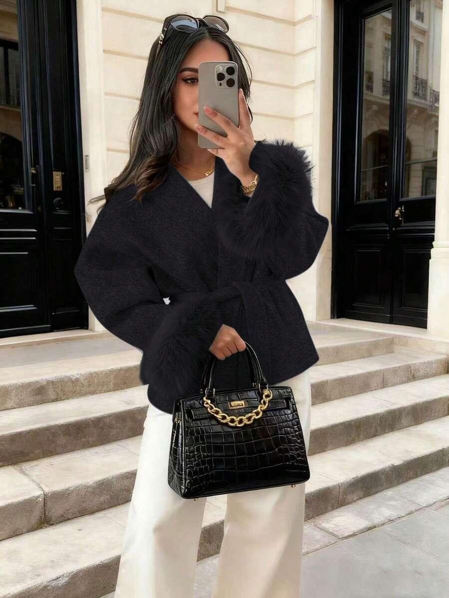 SHEIN CZARNY PŁASZCZ WSTAWKI FUTERKO W01__S