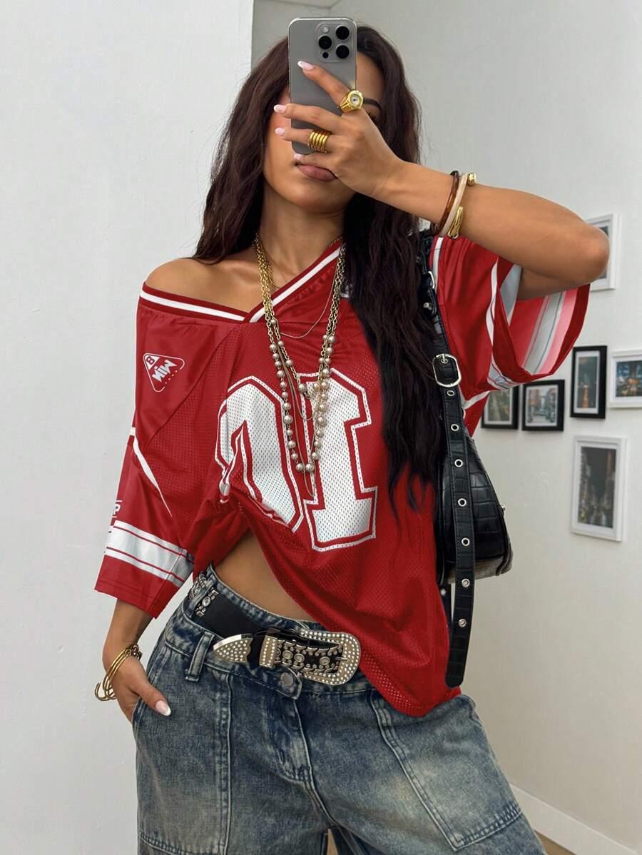 SHEIN CZERWONY T-SHIRT SIATKA S06__XS