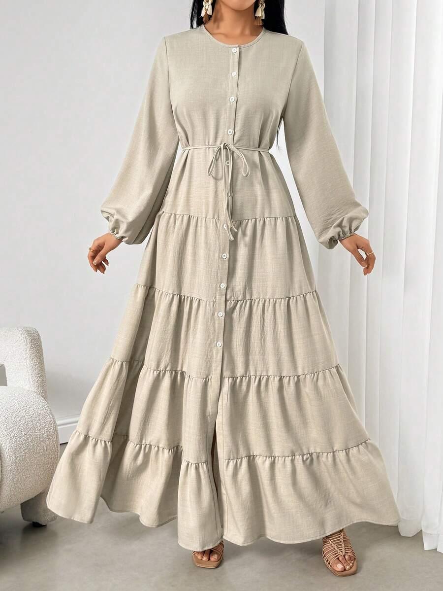 SHEIN BEŻOWA MAXI SUKIENKA DŁUGI RĘKAW S06__M