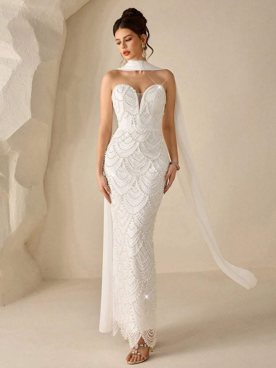 SHEIN BIAŁA MAXI SUKIENKA ZDOBIENIE S06__L