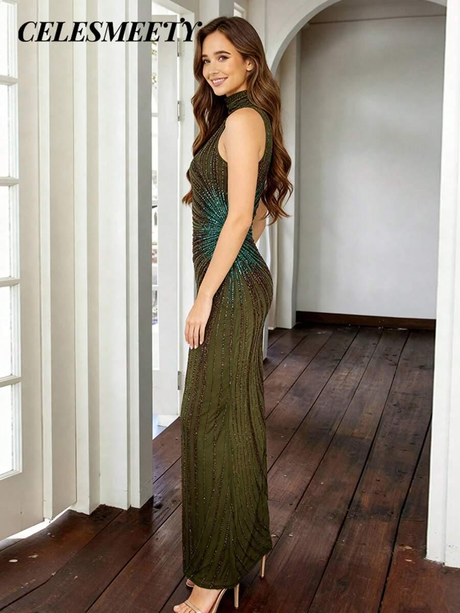 SHEIN ZIELONA MAXI SUKIENKA BEZ RĘKAWÓW STÓJKA S06__M