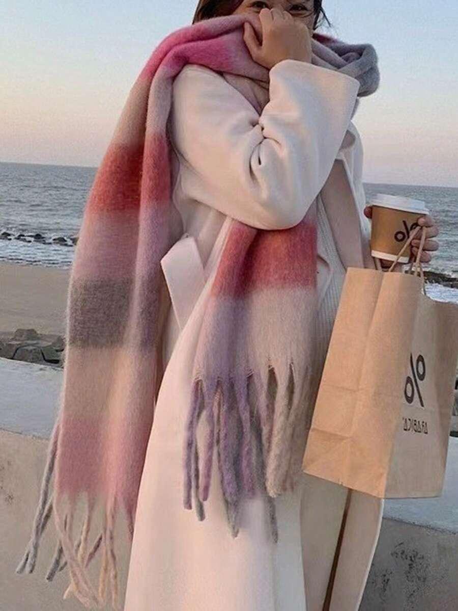 SHEIN SZALIK WZÓR KRATKA FRĘDZLE W01__35X180