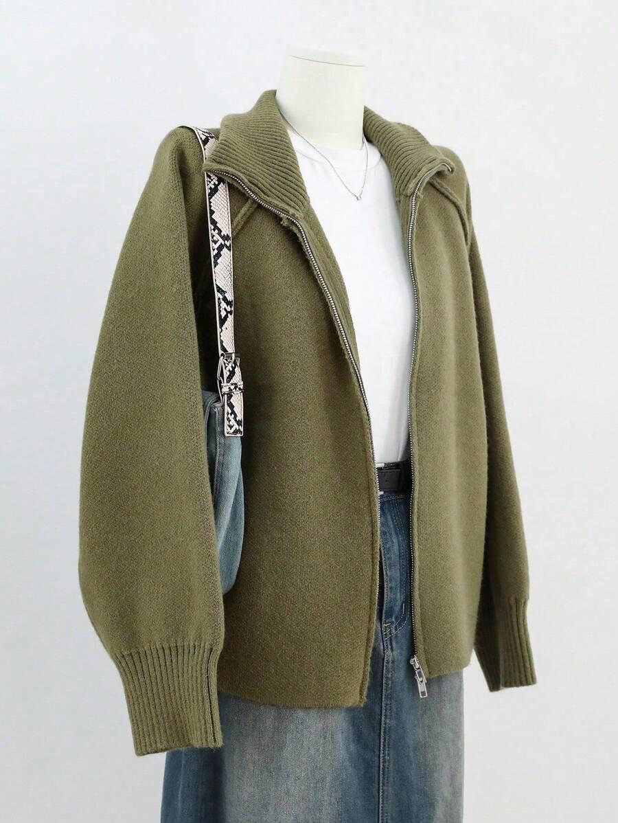 SHEIN ZIELONY DZIANINOWY SWETER ZIP S06__M