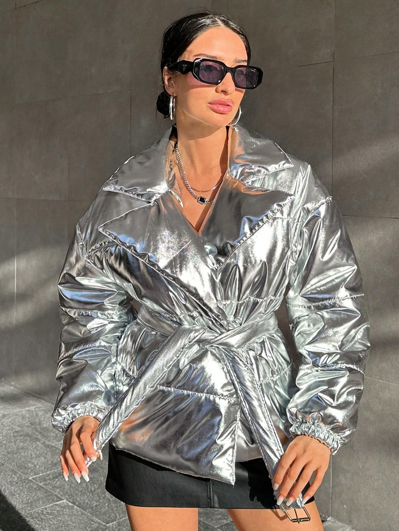 SHEIN SREBRNA KURTKA POŁYSK W01__XS