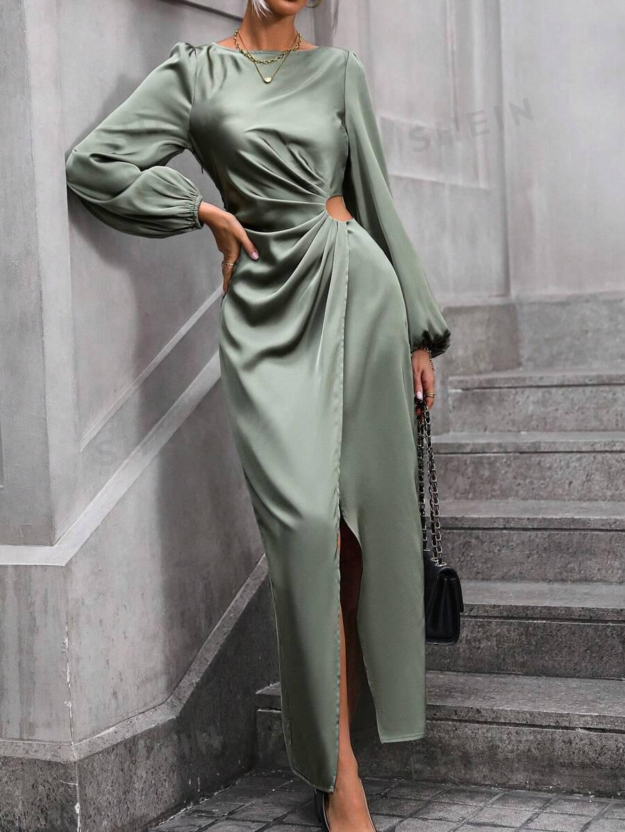 SHEIN ZIELONA SATYNOWA MAXI SUKIENKA Z DŁUGIM RĘKAWEM PK01__XXL