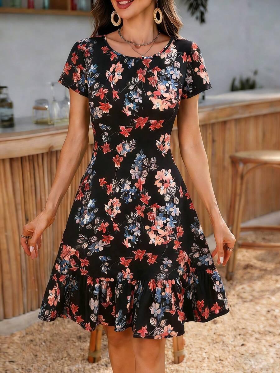 SHEIN SUKIENKA WZÓR KWIATY FALBANA PK01__M