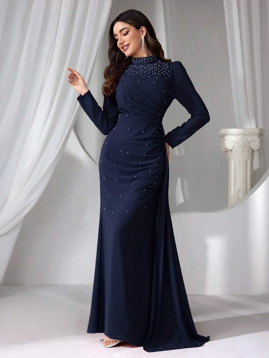 SHEIN SZYFONOWA GRANATOWA MAXI SUKIENKA ZDOBIENIA PEREŁKI S06__S