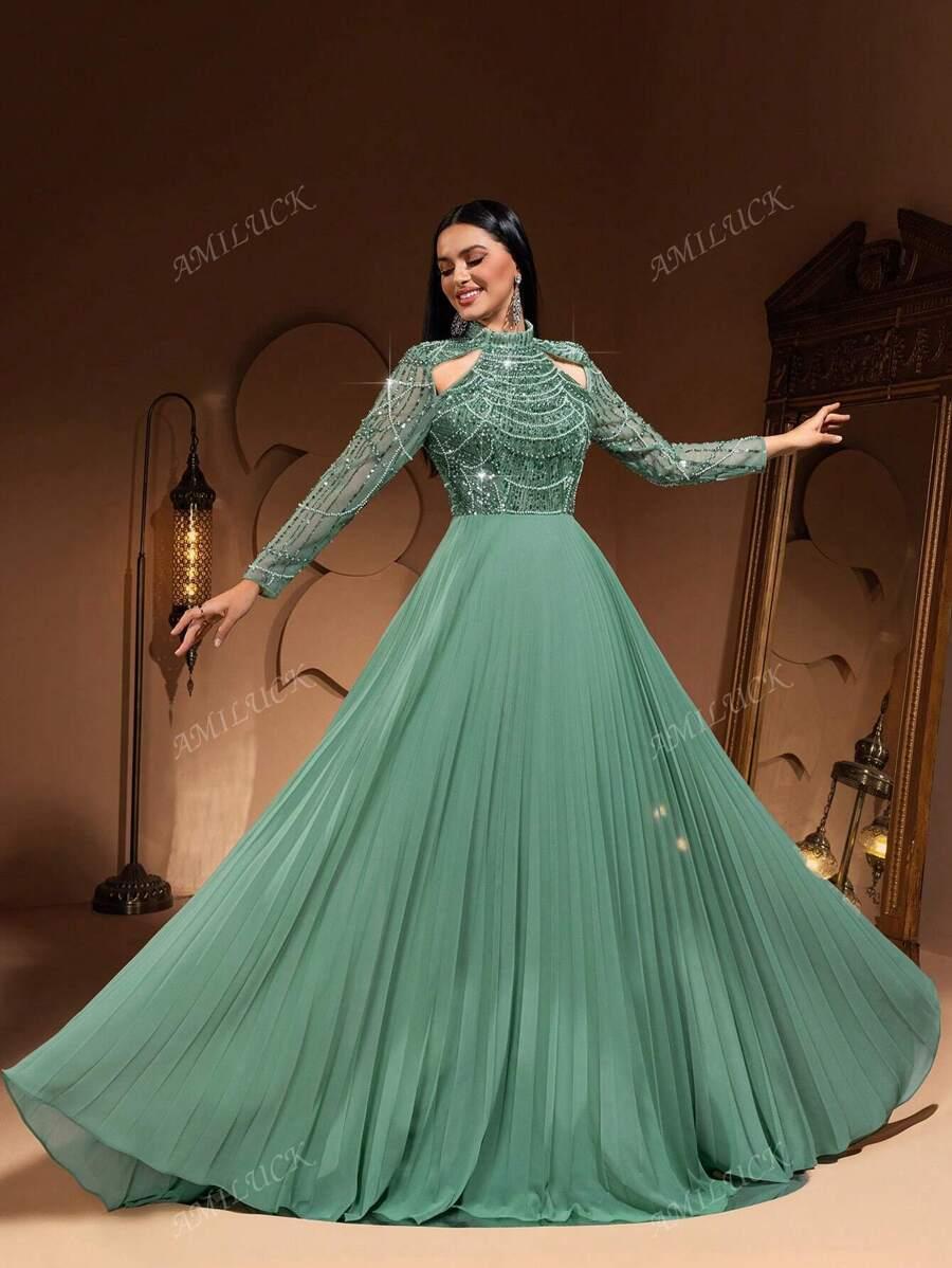 SHEIN ZIELONA MAXI SUKIENKA ZDOBIENIE S06__XL