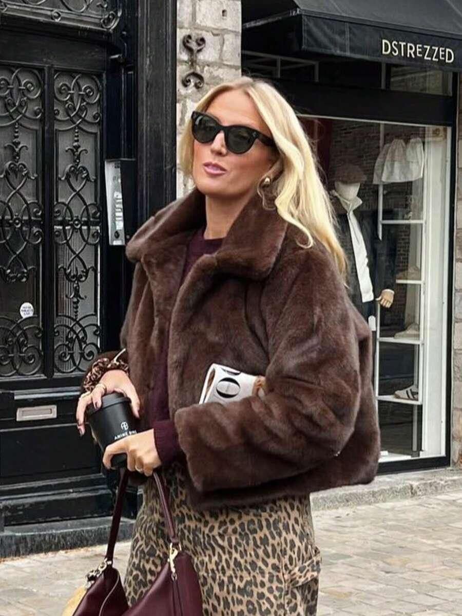 SHEIN BRĄZOWE SZTUCZNE FUTRO W01__M