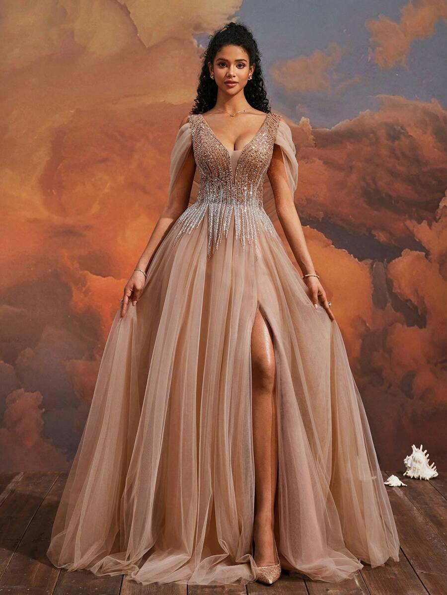 SHEIN ROZKLOSZOWANA MAXI SUKIENKA ZDOBIENIE TIUL ROZCIĘCIE PK01__S