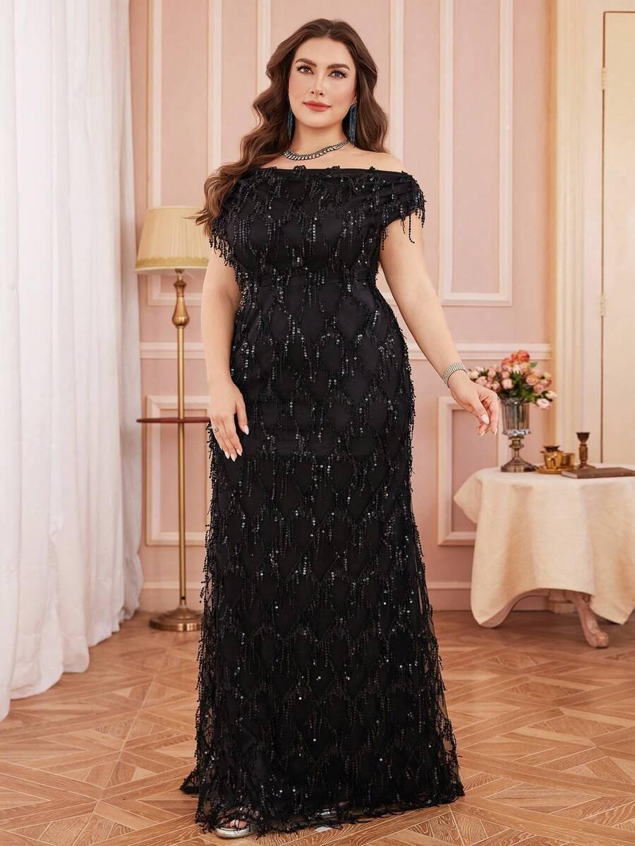 UNITHORSE CZARNA SUKIENKA MAXI CEKINY FRĘDZLE S06__46