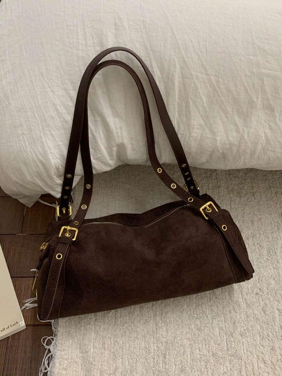 SHEIN BRĄZOWA TOREBKA IMITACJA ZAMSZU 38X9X21