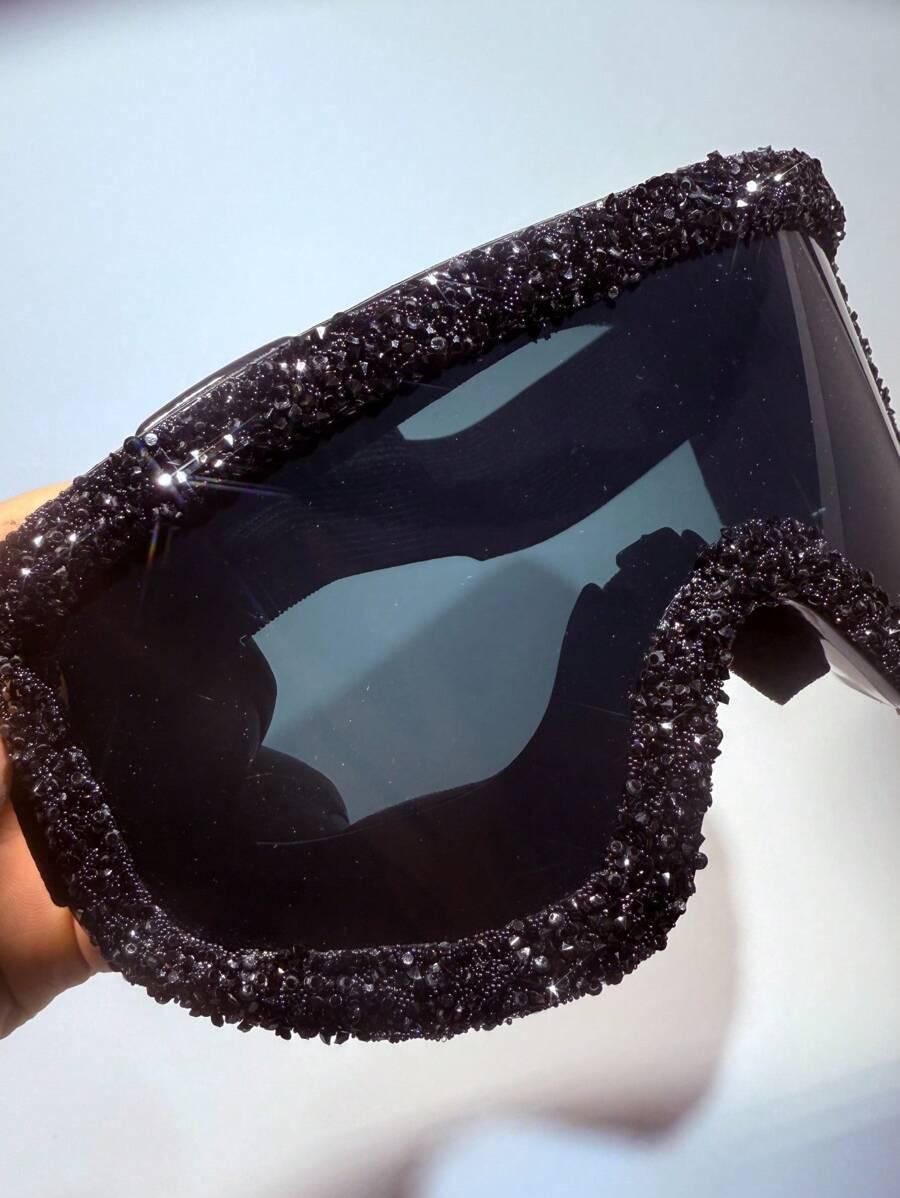 SHEIN CZARNE OKULARY GOGLE NARCIARSKIE ZDOBIENIE