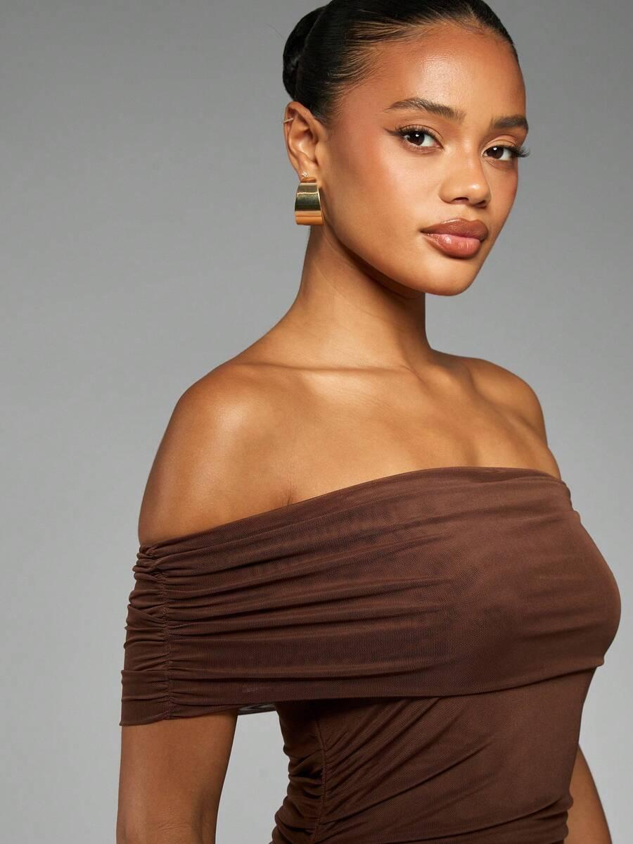 MISSGUIDED BRĄZOWA MAXI SUKIENKA ODKRYTE RAMIONA WIĄZANIE S06__XS