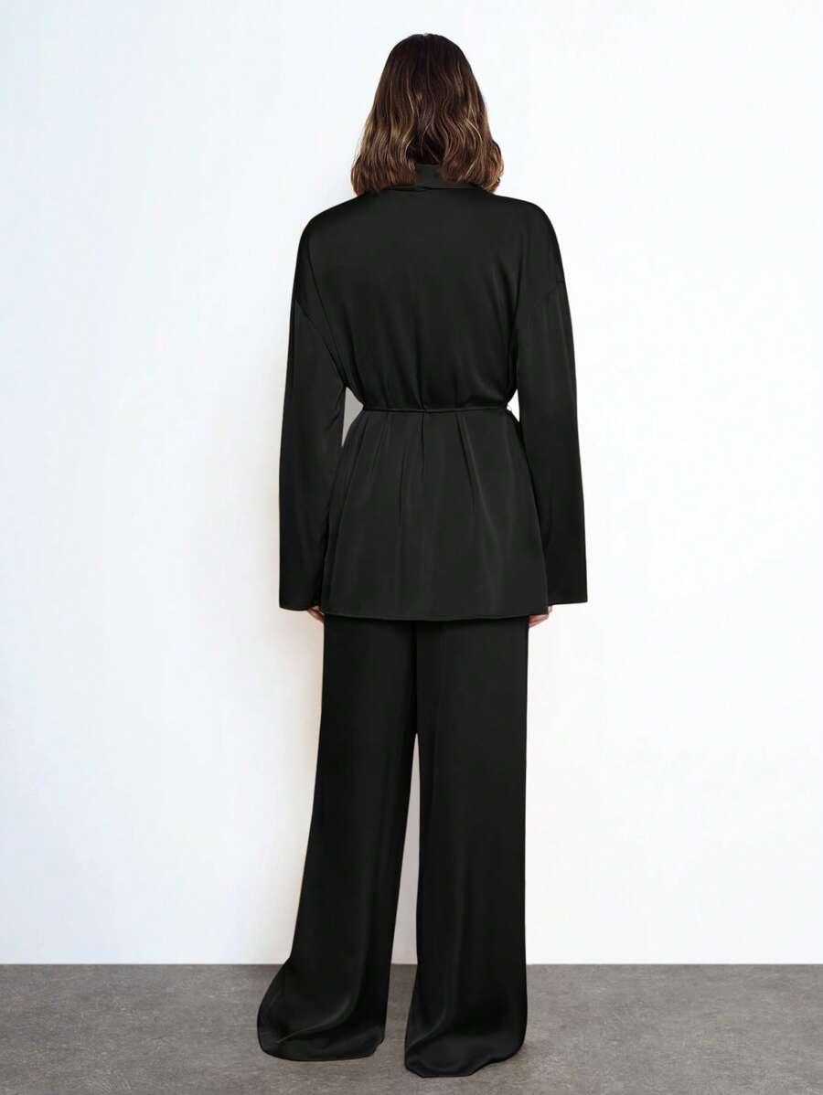 SHEIN CZARNE SATYNOWE SPODNIE S06__L