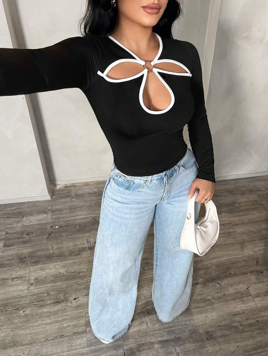 SHEIN CZARNA BLUZKA Z DŁUGIM RĘKAWEM WYCIĘCIE S06__46
