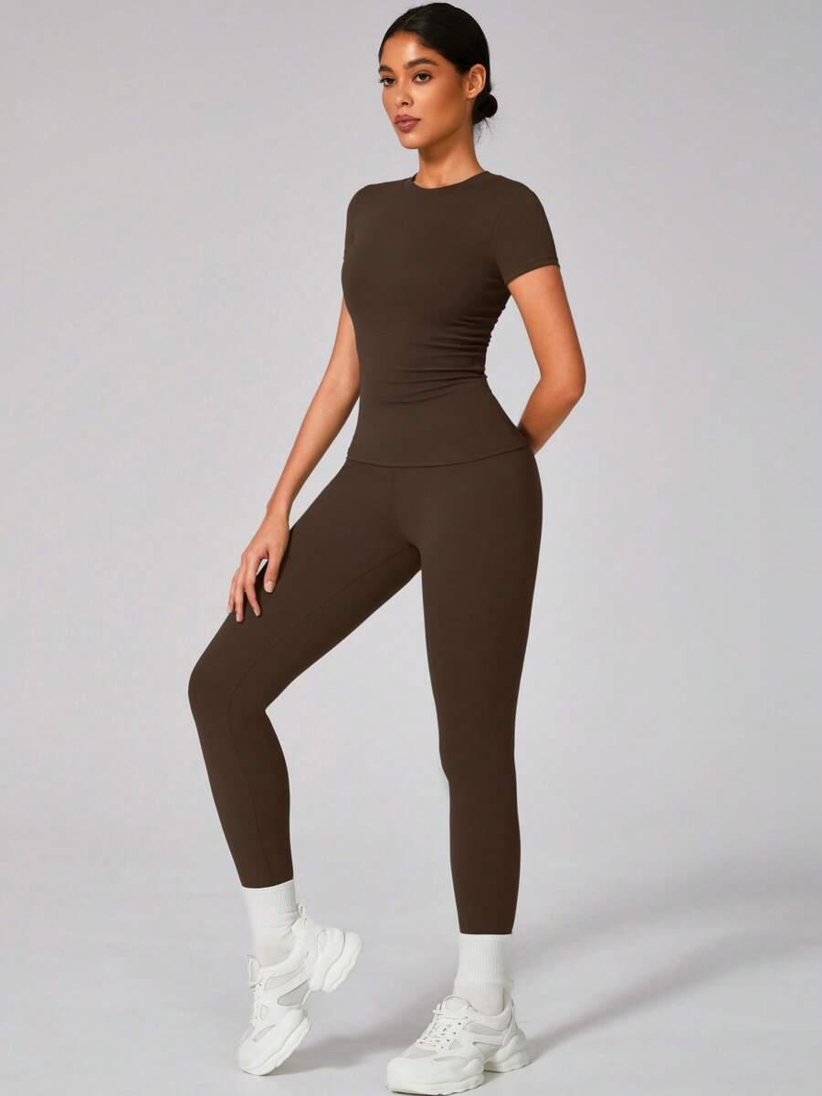 SHEIN BRĄZOWA BLUZKA LEGGINSY KOMPLET S06__M