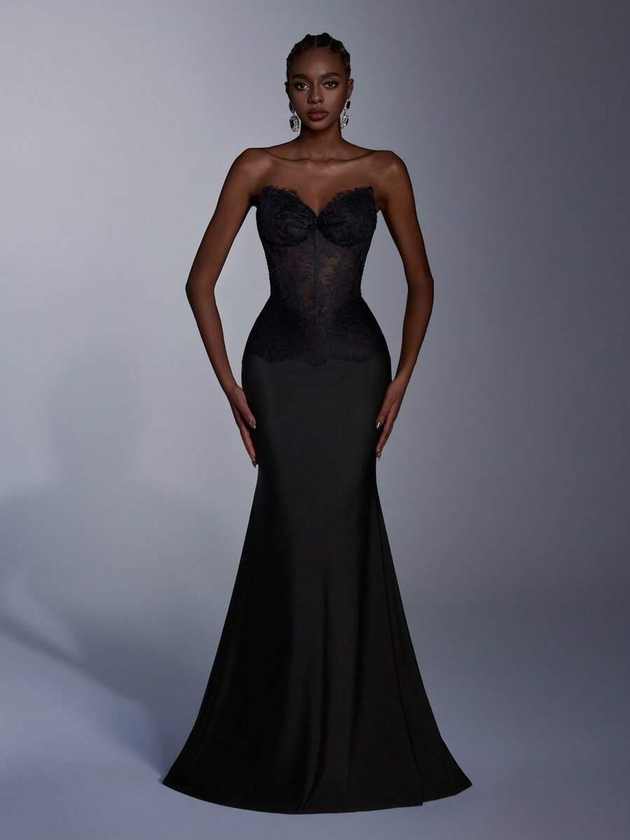 SHEIN CZARNA SUKIENKA MAXI KORONKA S06__XS