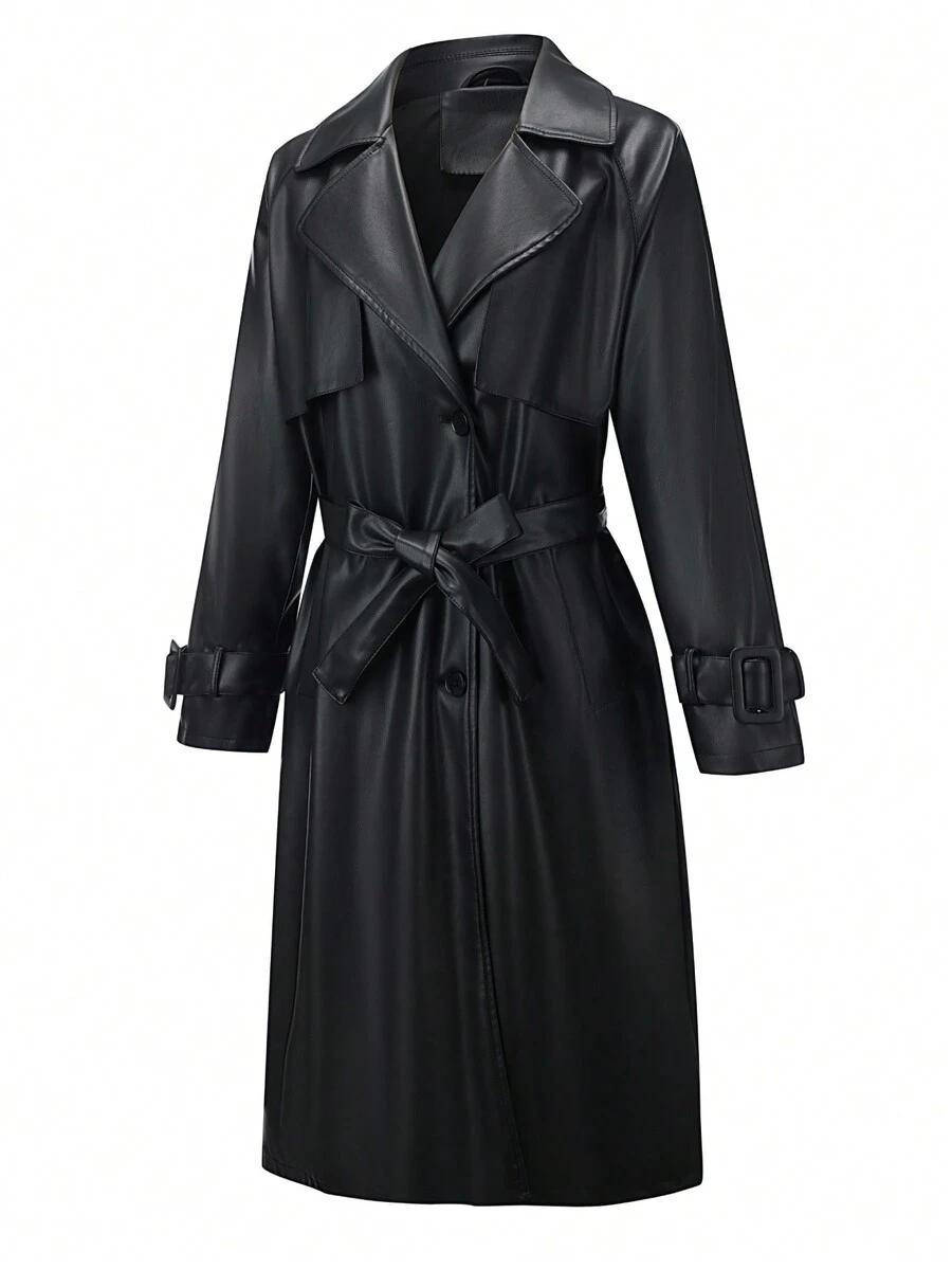 SHEIN CZARNY PŁASZCZ TRENCZ IMITACJA SKÓRY W01__46