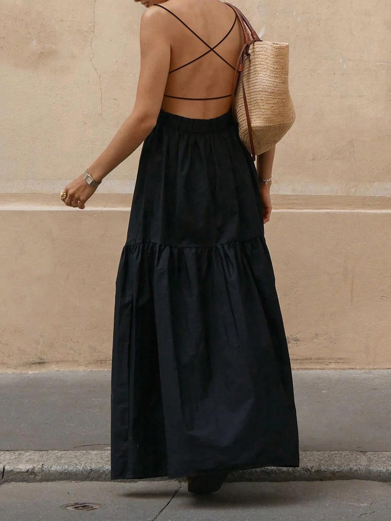 SHEIN CZARNA MAXI SUKIENKA ODKRYTE PLECY S06__M