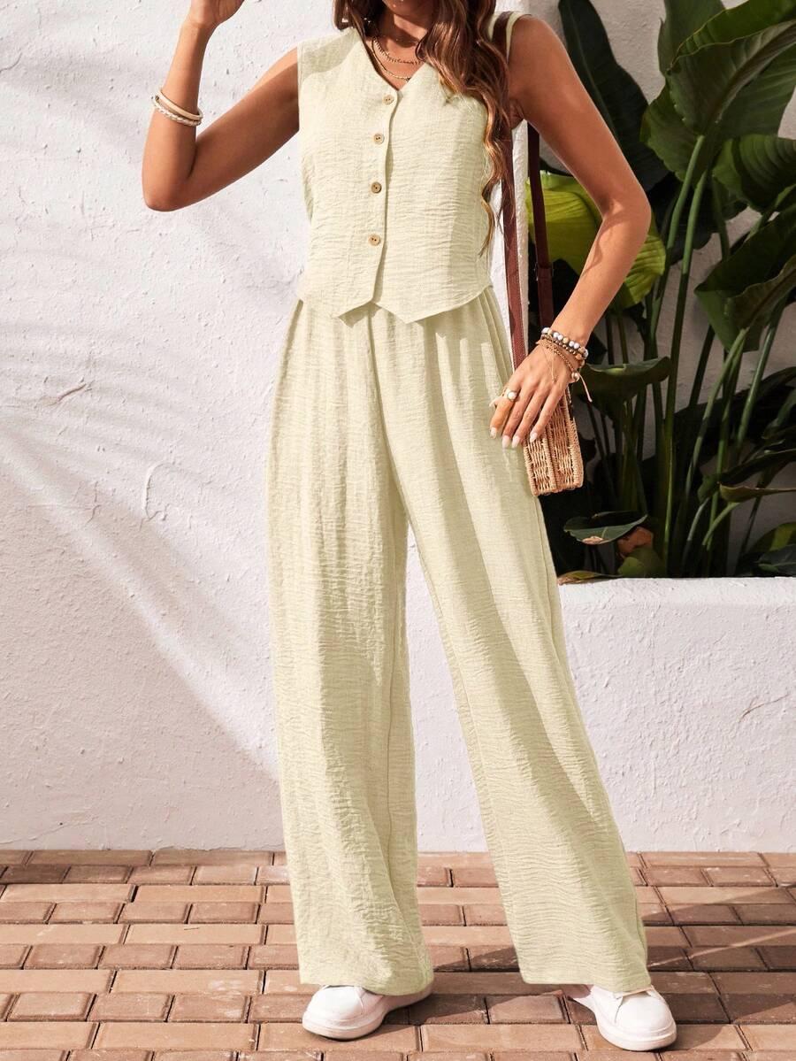 SHEIN KREMOWY KOMPLET TOP SPODNIE PK01__XS