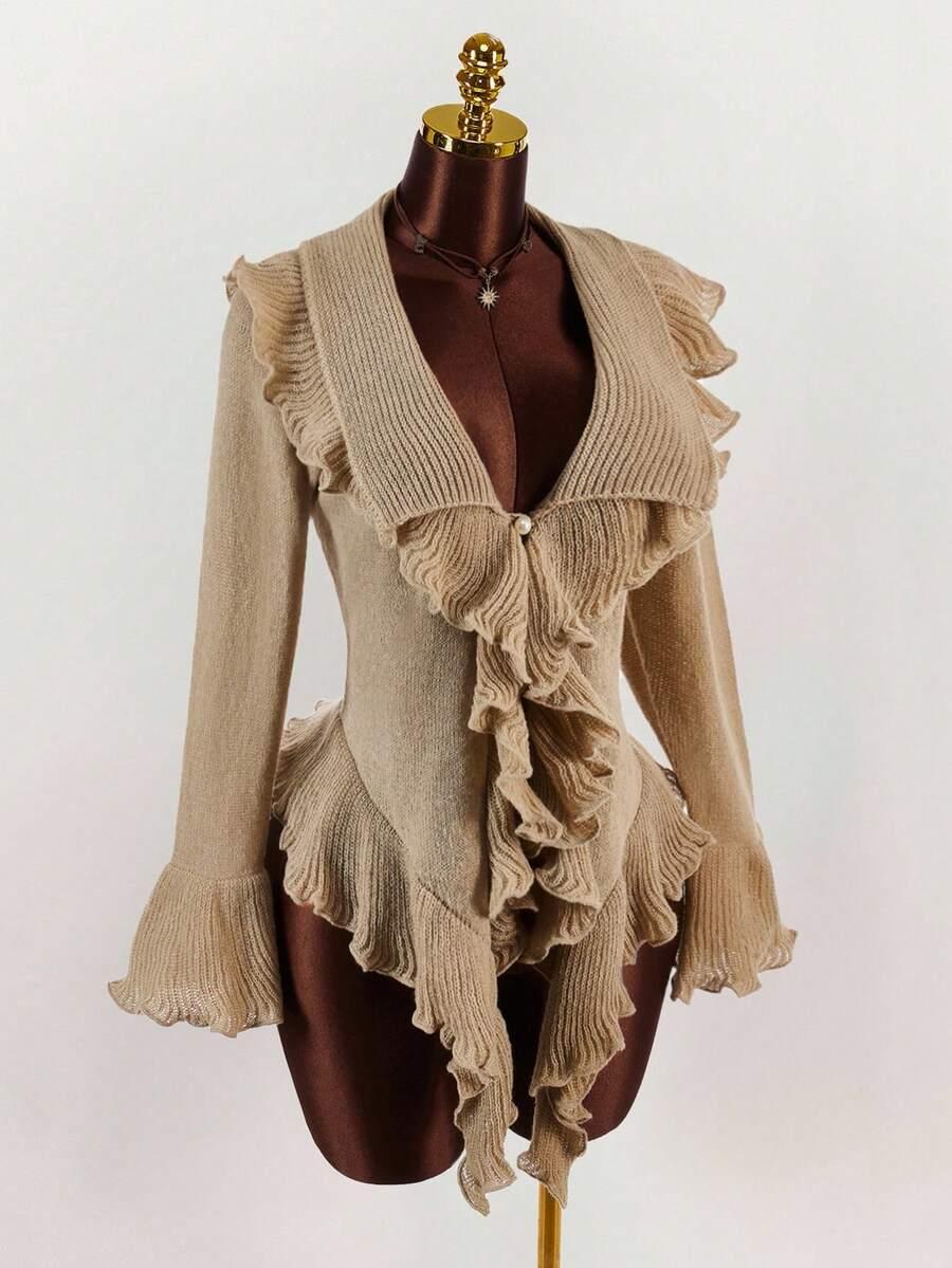 SHEIN BRĄZOWY SWETER FALBANY S06__L