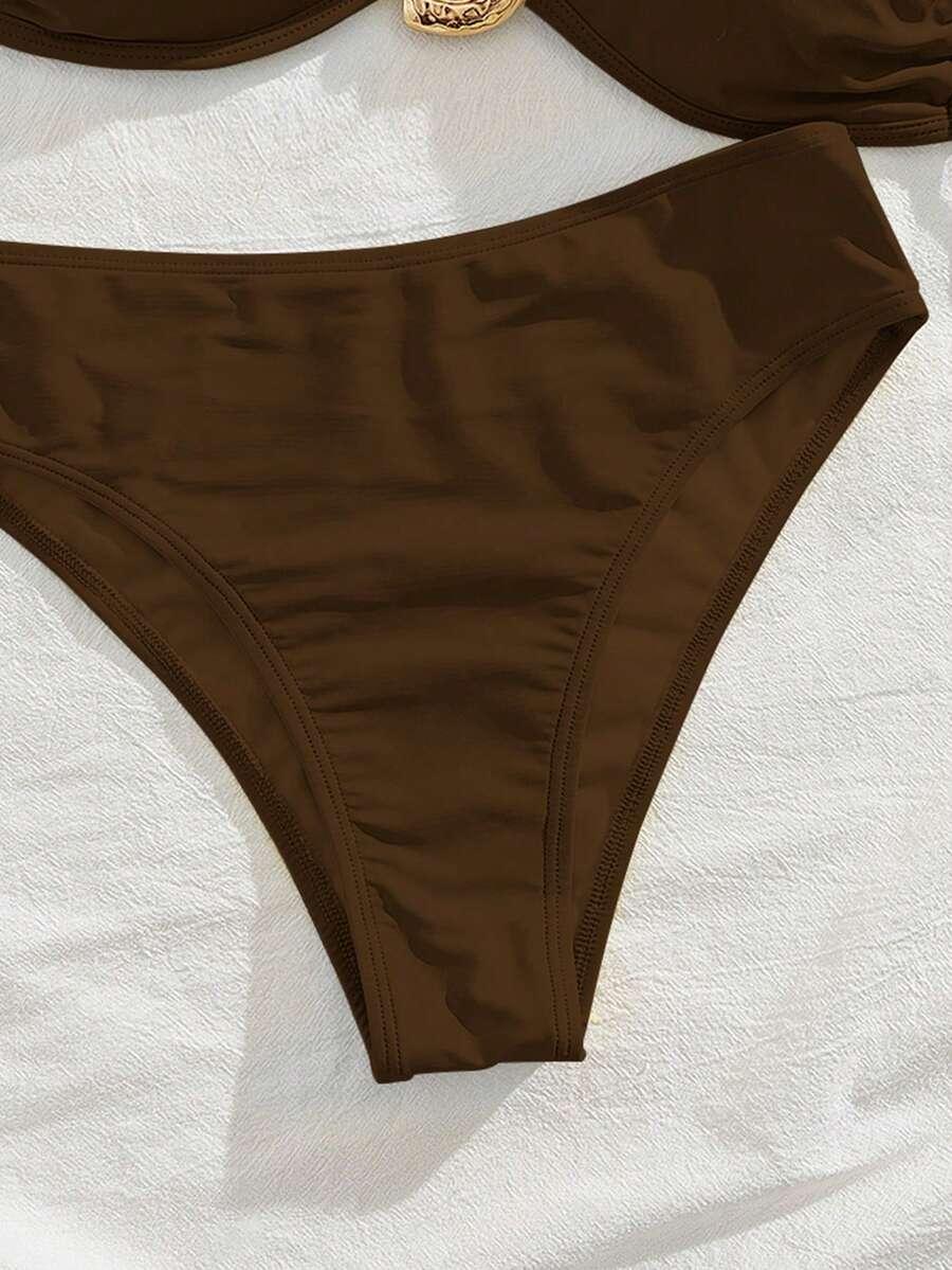 SHEIN BRĄZOWY DWUCZĘŚCIOWY STRÓJ KĄPIELOWY ZDOBIENIE S09__M