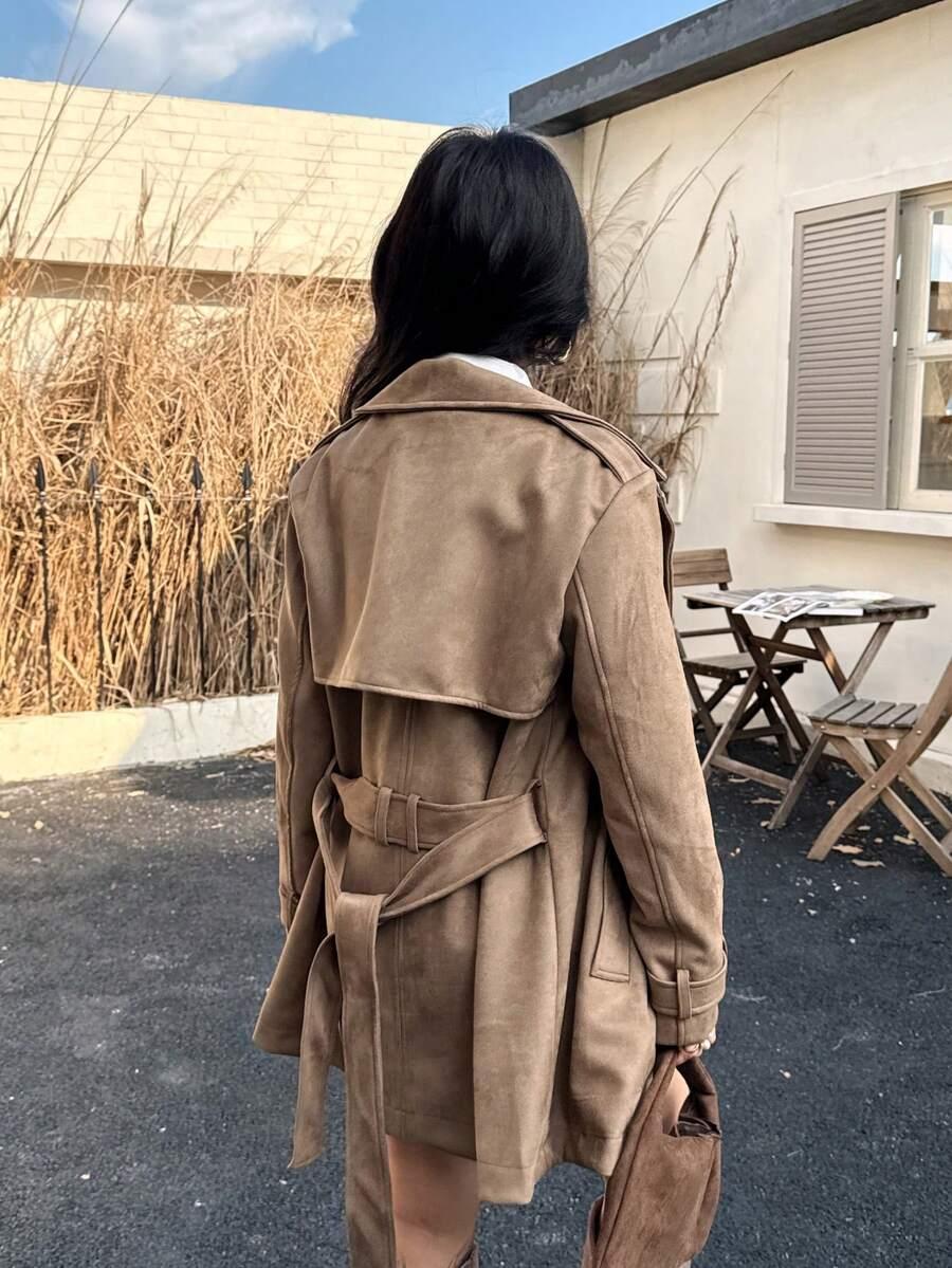 SHEIN BRĄZOWY DWURZĘDOWY PŁASZCZ WIĄZANIE W01__M