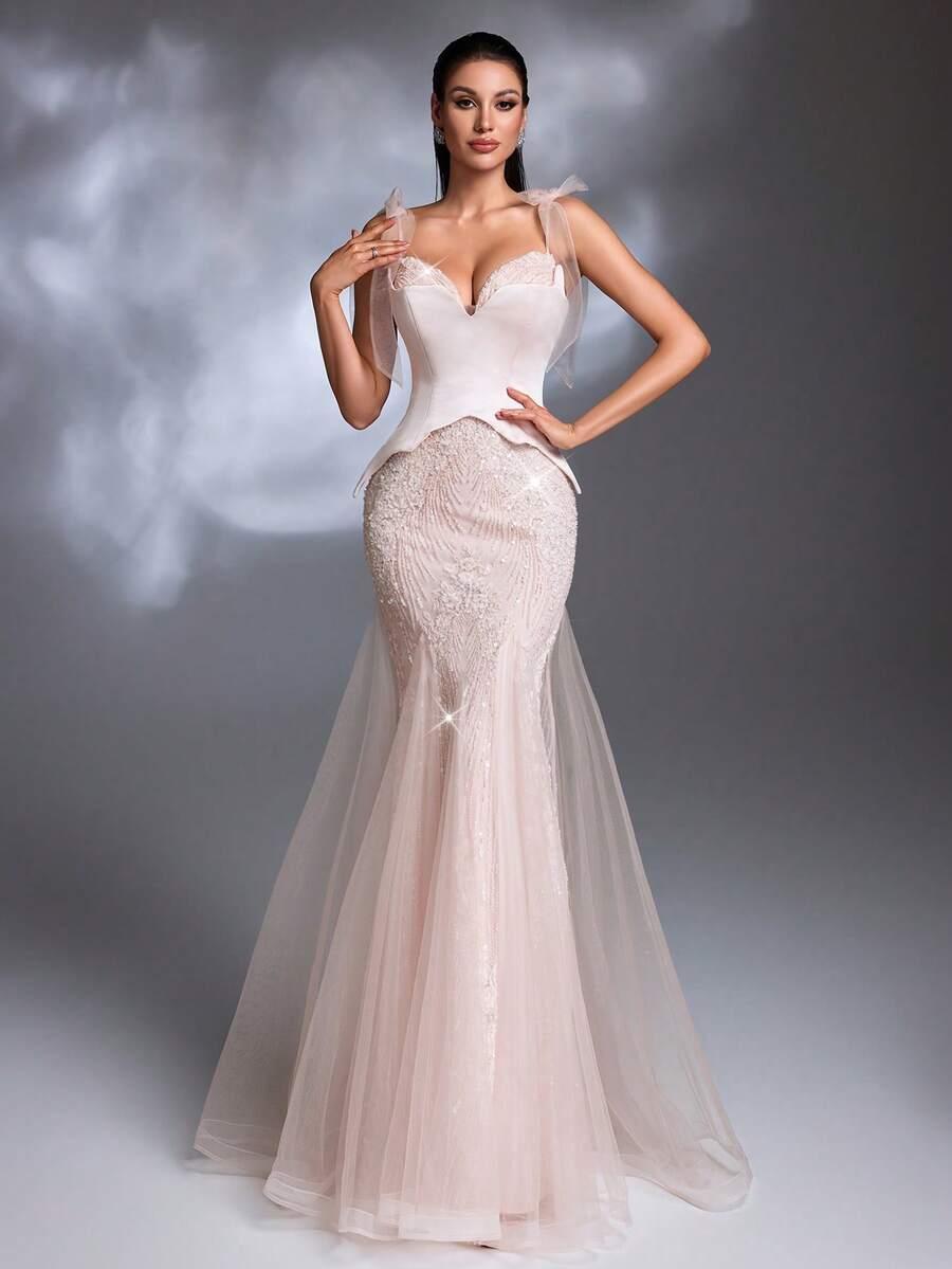 SHEIN RÓŻOWA ZDOBIONA MAXI SUKIENKA S06__L