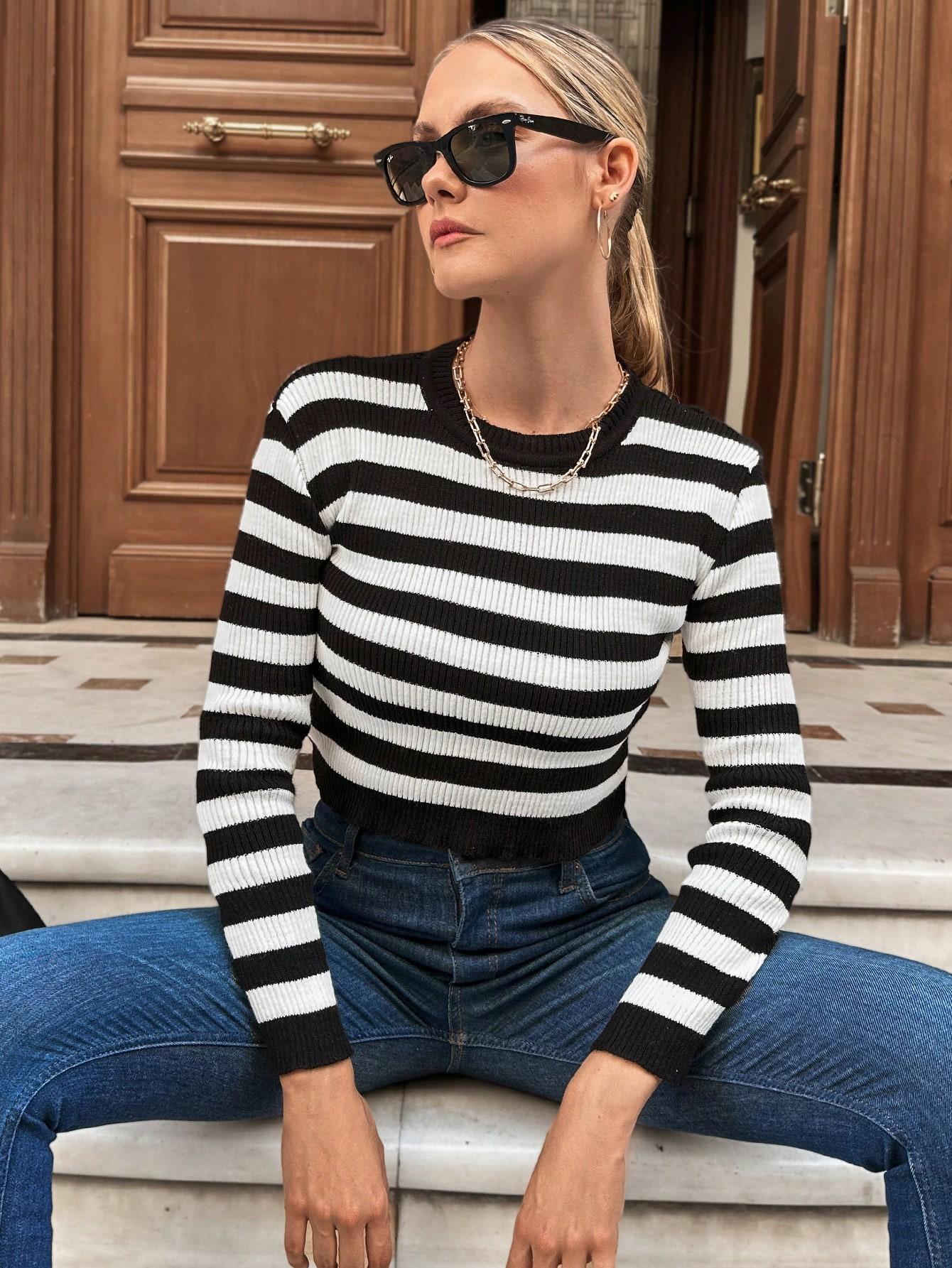 SHEIN SWETER OKRĄGŁY DEKOLT PASKI S06__XL