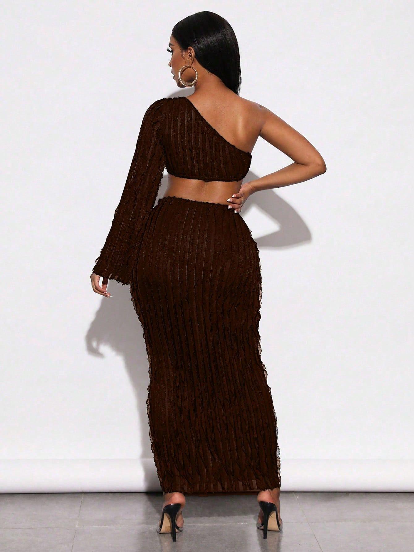 SHEIN BRĄZOWY KOMPLET TOP SPÓDNICA MAXI S06__S