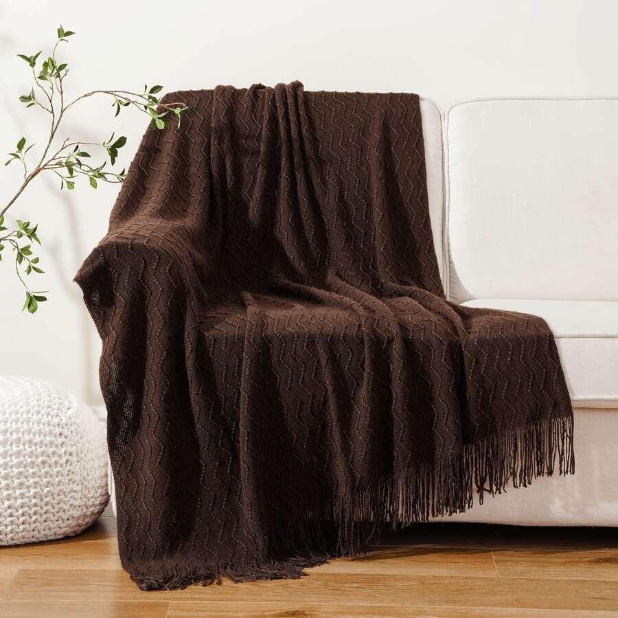 SHEIN BRĄZOWY KOC STRUKTURA FRĘDZLE W01__127X152