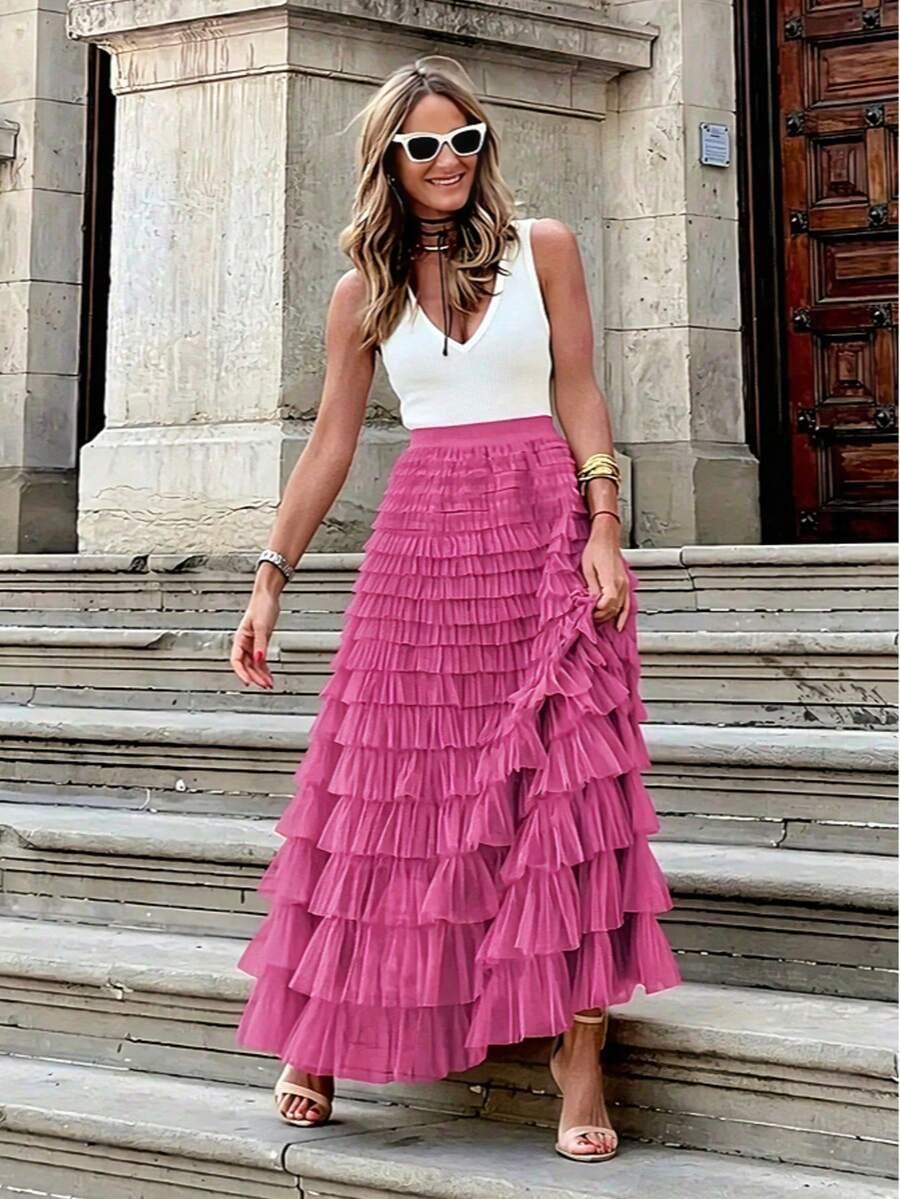 SHEIN RÓŻOWA MAXI SPÓDNICA FALBANY PK01__XL
