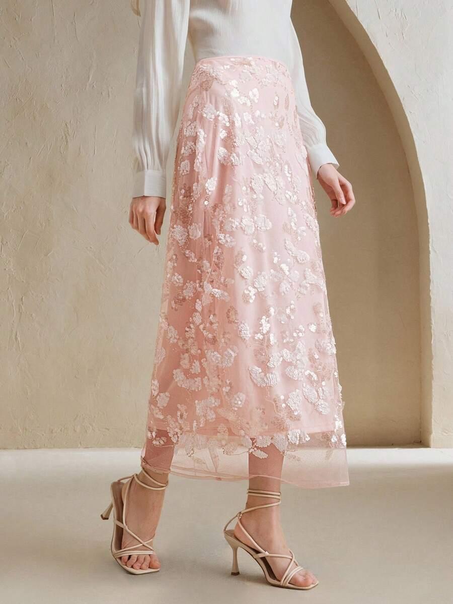 SHEIN RÓŻOWA MAXI SPÓDNICA ZDOBIENIA S06__S