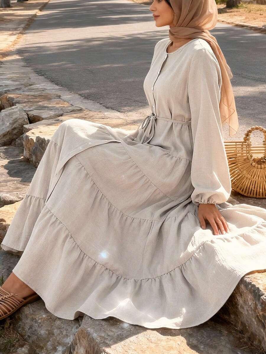 SHEIN BEŻOWA MAXI SUKIENKA DŁUGI RĘKAW S06__M