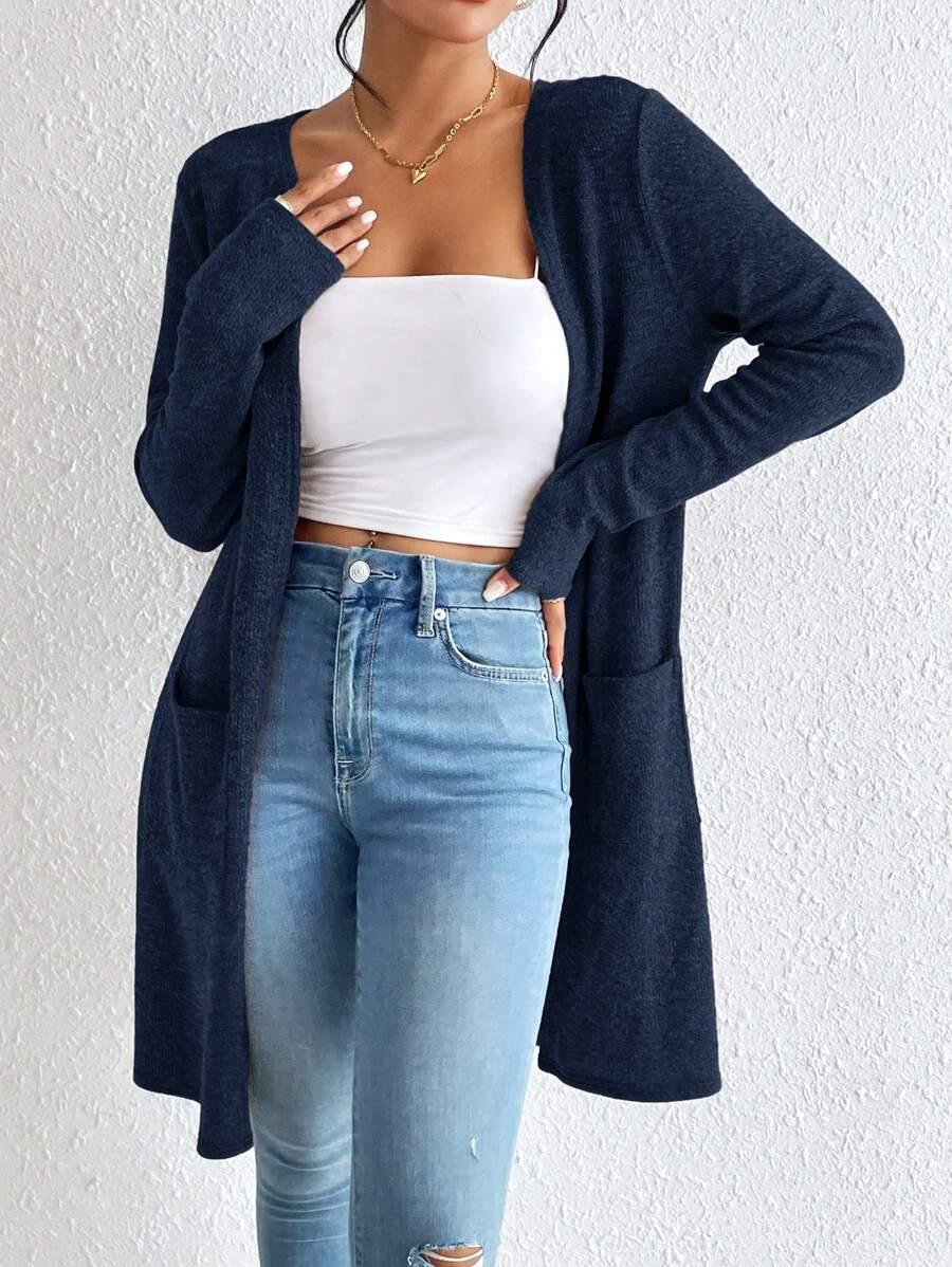 SHEIN GRANATOWY KARDIGAN DŁUGI RĘKAW S06__L