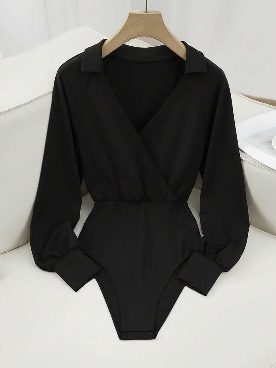 SHEIN CZARNE BODY DŁUGI RĘKAW KOŁNIERZYK PK01__M