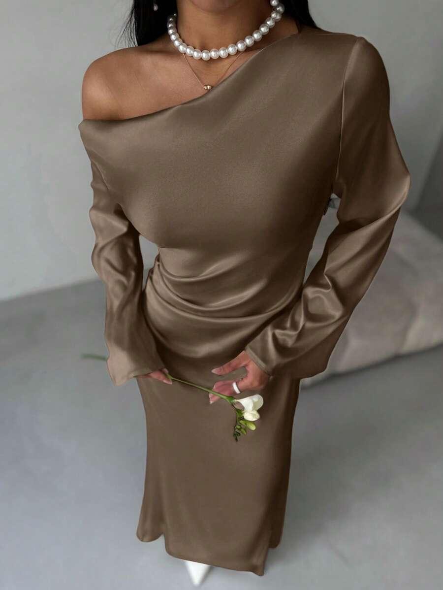SHEIN BRĄZOWA MAXI SUKIENKA S06__L