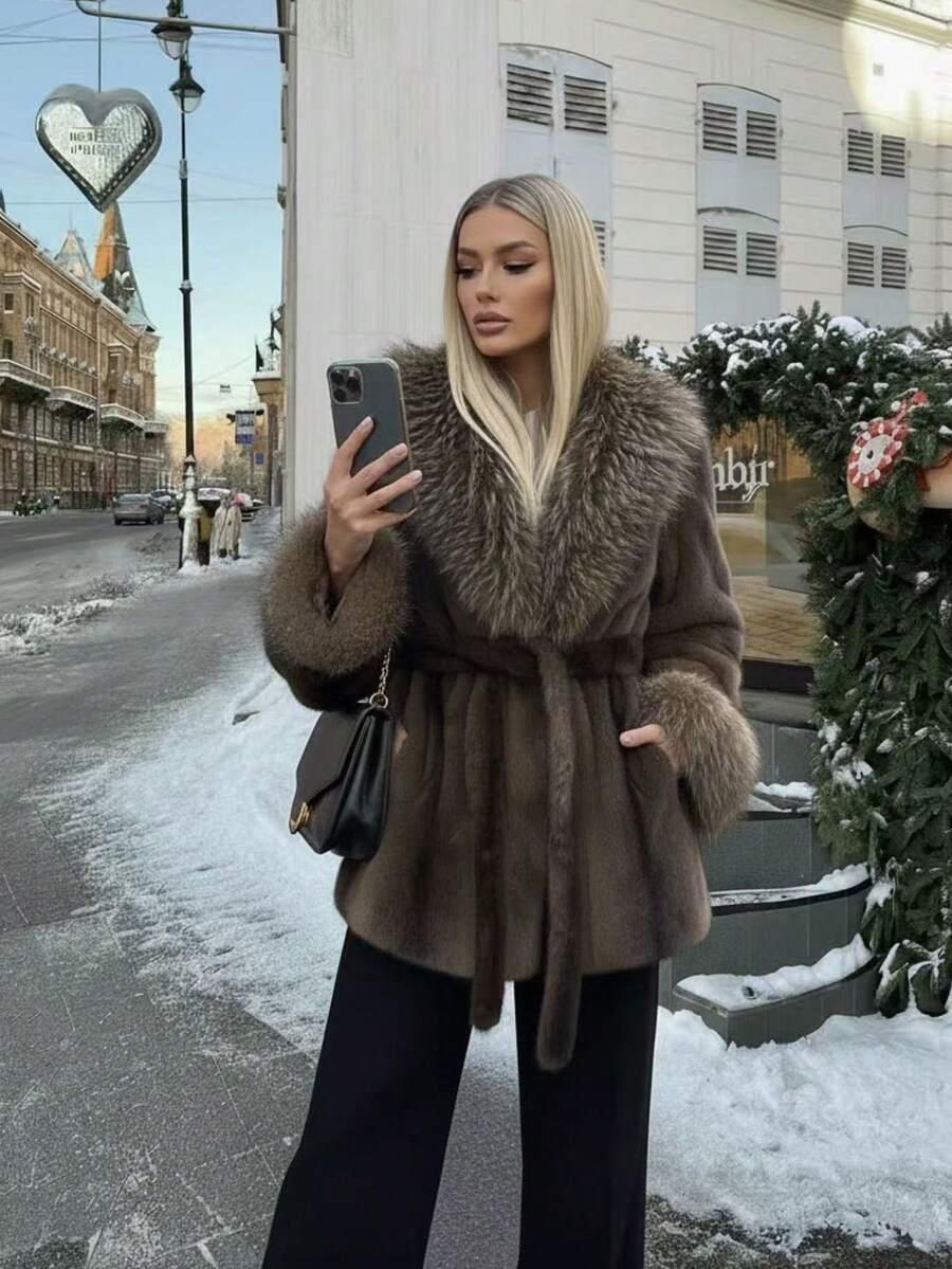 SHEIN BRĄZOWE SZTUCZNE FUTRO W01__M