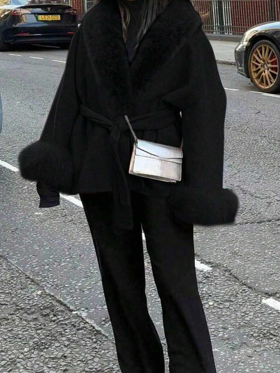 SHEIN CZARNY PŁASZCZ SZTUCZNE FUTRO W01__L