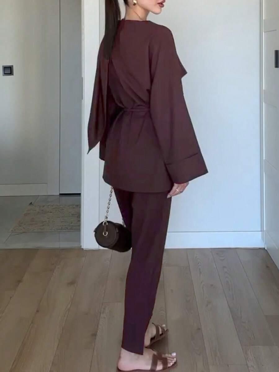 SHEIN BRĄZOWY KOMPLET SPODNIE BLUZKA S06__M