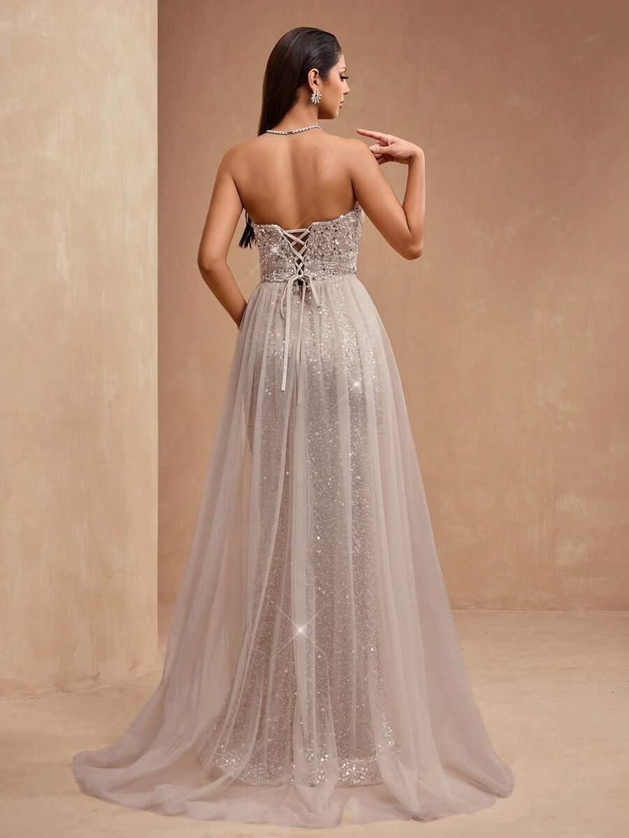 SHEIN BEŻOWA MAXI SUKIENKA ZDOBIENIE CEKINY S09__XXL