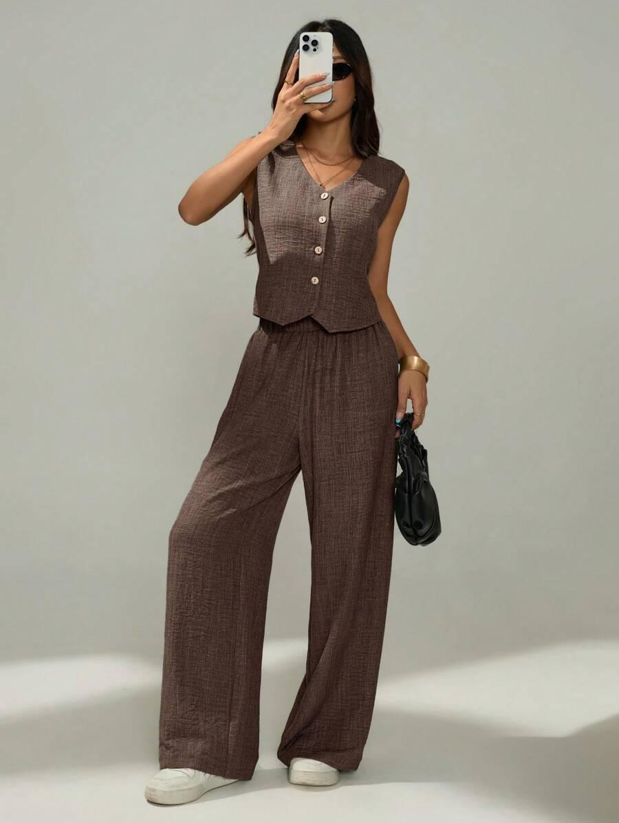SHEIN BRĄZOWA KAMIZELKA GUZIKI V-NECK S06__S