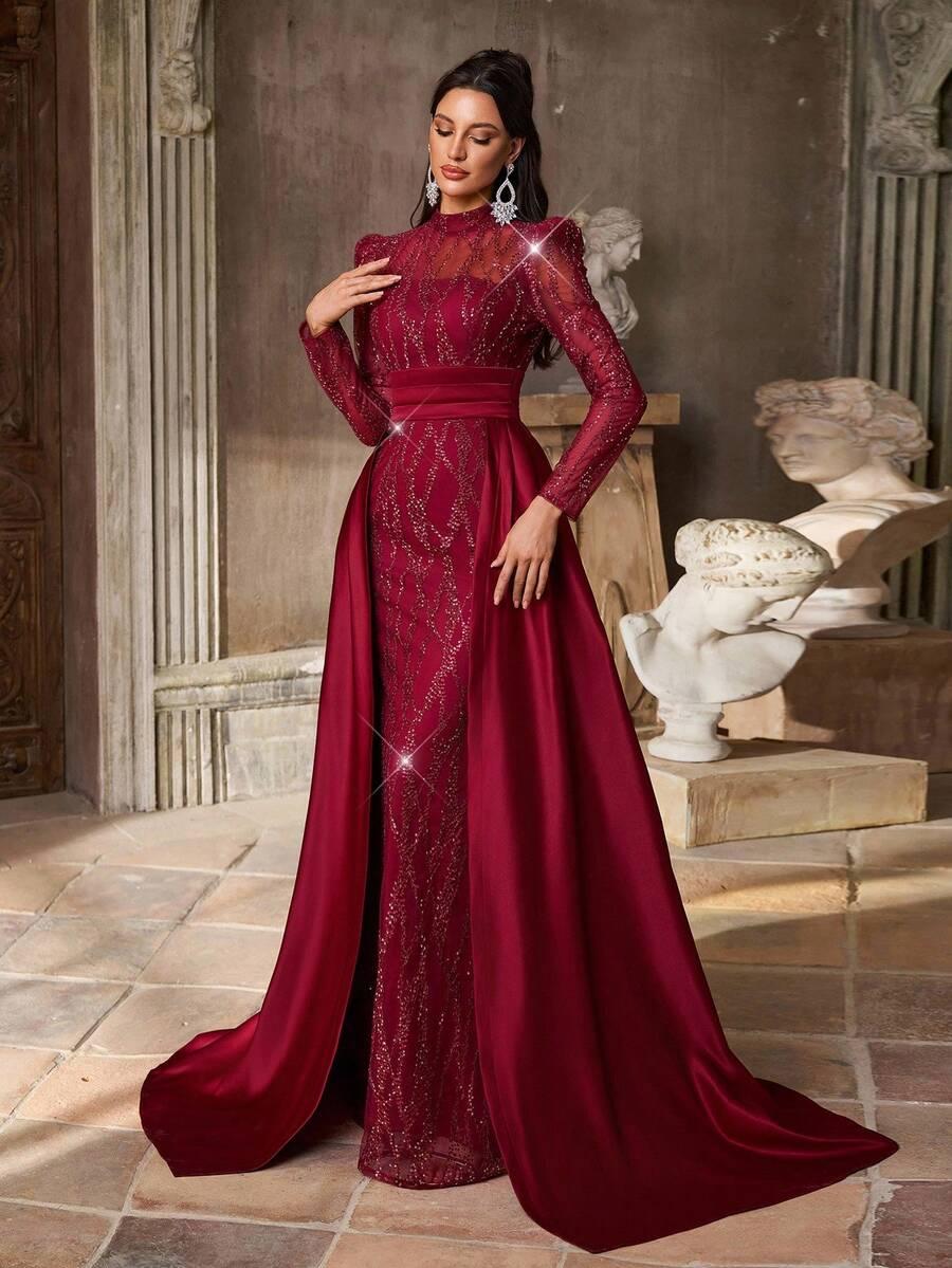 SHEIN CZERWONA MAXI SUKIENKA ZDOBIENIE STÓJKA S06__L