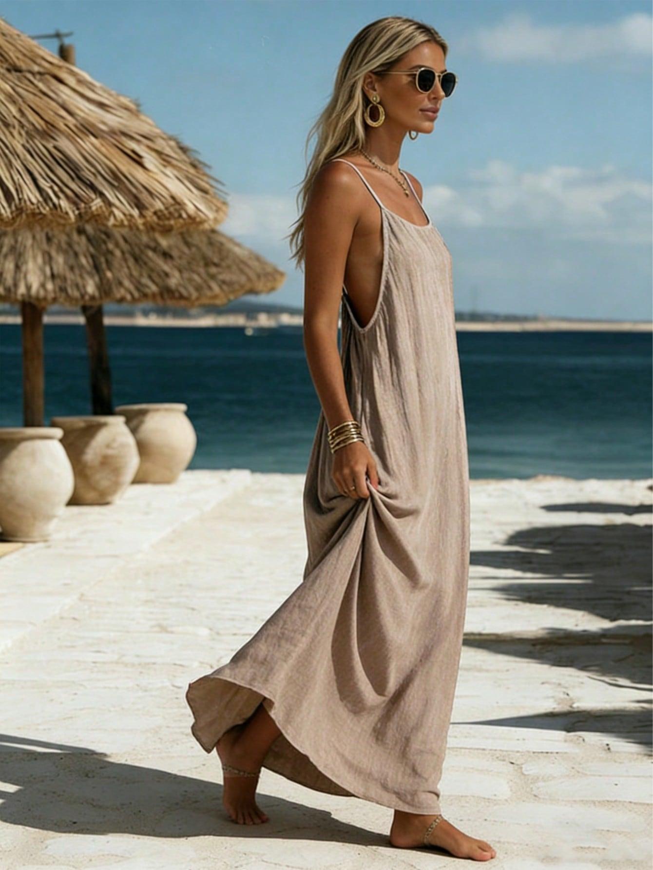 SHEIN BEŻOWA MAXI SUKIENKA S06__S